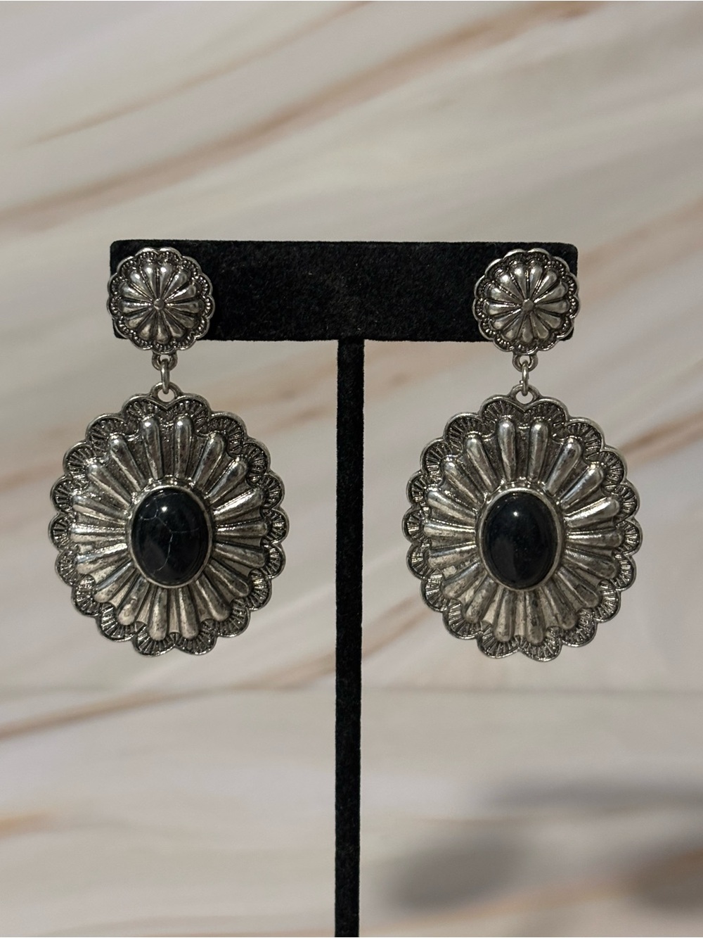 Silver-Tone Western Concho Drop Earrings with Black Stone 2-3/8”